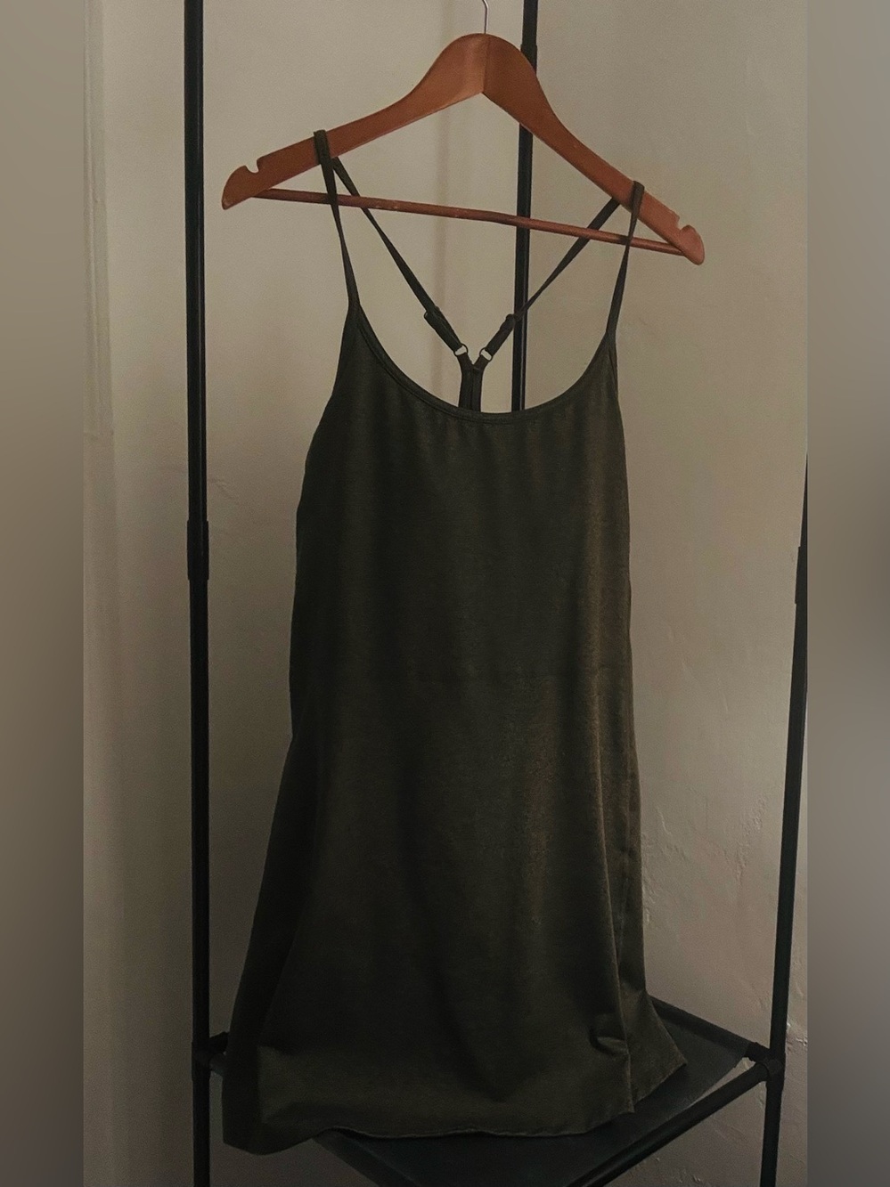 Sports dress tennis, olive green,  spaghetti strap, skort dress.